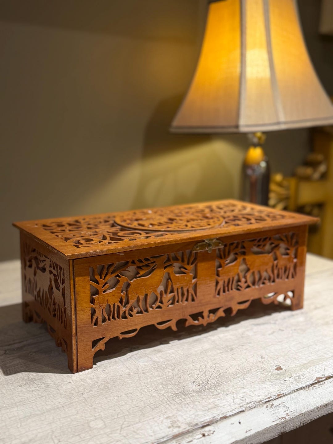 Scroll Work Box Vintage Carved Wooden Desk Box With Deer and Scrollwork St. Jovite ...