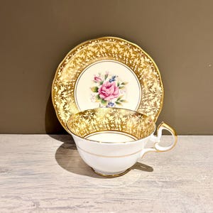 Vintage Aynsley Teacup and Saucer with Gold Vine and Pink Rose
