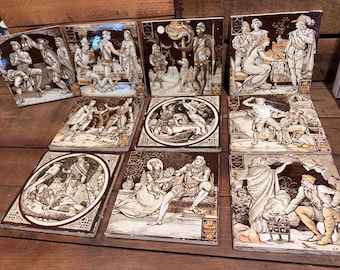 Antieke Minton porseleinfabriek tegels set ca. 1880 Sir Walter Scott Waverley Scenes – 10 tegels 6 x 6