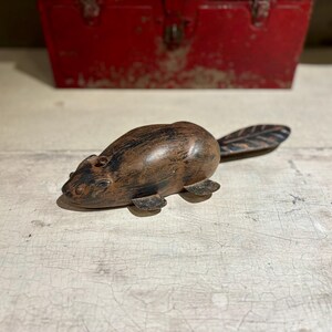 Vintage Large Handmade Weighted Beaver Fishing Decoy with Tack Eyes
