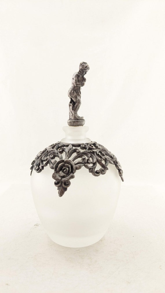 Vintage Satin Glass and Pewter Cherub Perfume Bot… - image 4