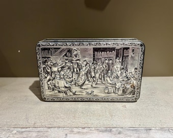 Vintage Teniers Biscuit Tin with Embossed Medieval Scene