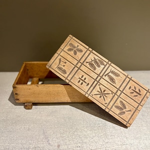 Vintage Rectangular Butter Mold with Eight Square Botanical Patterns and Wooden Knob