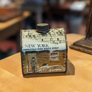 Vintage 1984 Blockhütte Ahornsirup Dose, Werbung, Sammlerstück, New York, Küchendekor