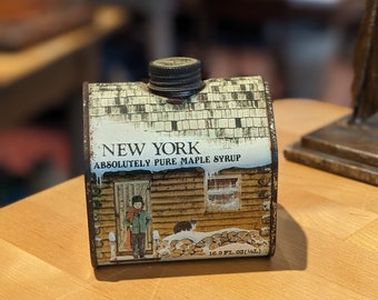 Vintage 1984 Log Cabin Maple Syrup Tin, Advertising, Collectable, New York, Kitchen Decor