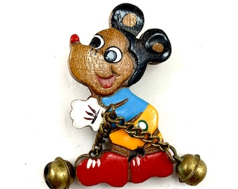 Vintage Hand geschnitzt und bemalt Micky Maus aus Holz Pin
