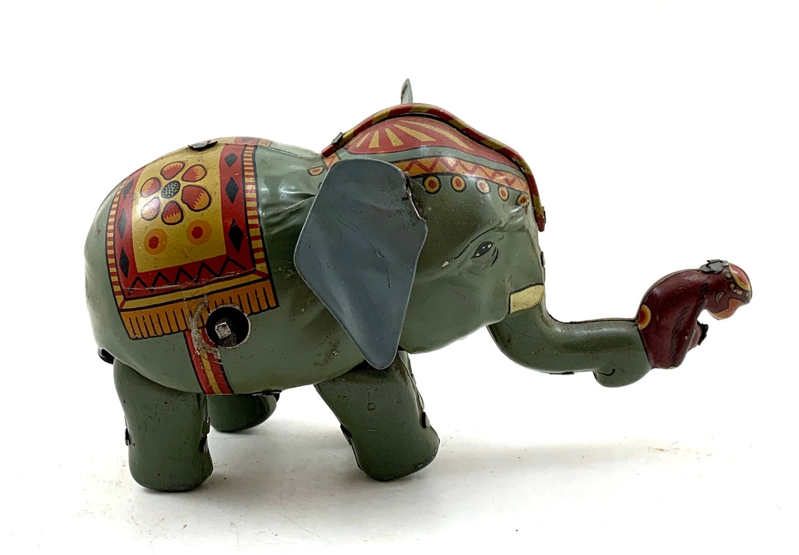 Vintage Tin Wind Up Walking Elephant w Monkey Toy Etsy