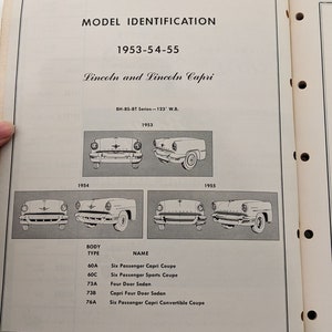 May include: A black and white diagram showing the different body types and names of Lincoln and Lincoln Capri cars from 1953 to 1955. The diagram includes a side view of each car model.