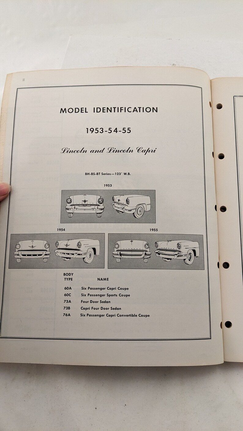 May include: A black and white diagram showing the different body types and names of Lincoln and Lincoln Capri cars from 1953 to 1955. The diagram includes a side view of each car model.