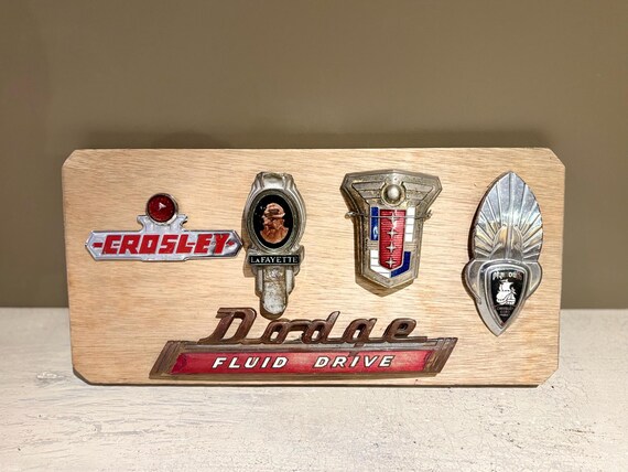 5 Mounted Vintage Automobile Emblems Crosley, Lafayette, Plymouth