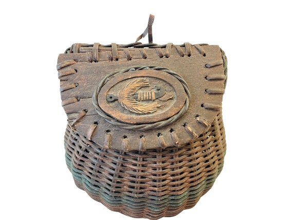 Wicker Fly Fishing Creel With Applied Fly Fishing Hook, Original Paint C.  1920s -  Canada