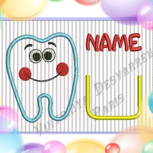 May include: A blue and white cartoon tooth with red cheeks and big eyes smiles. The tooth is on a striped background with a yellow 'U' shape and the word 'NAME' in red letters.