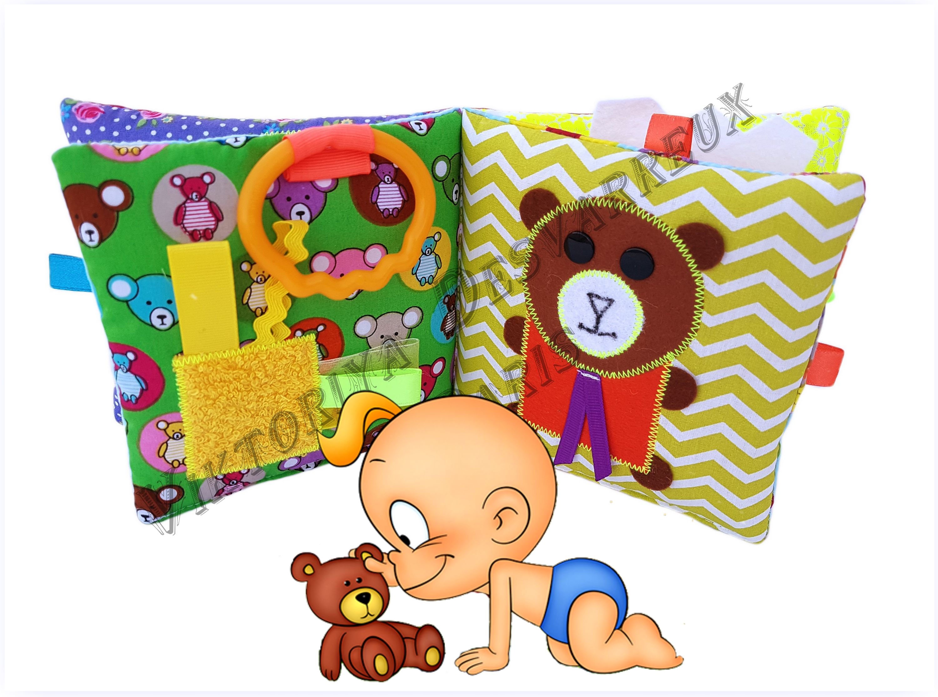 FenFang Bébé Livre Tissu, 2 Livres en Tissu Doux Hochet pour Enfant, Livre  Tissu Bébé Eveil