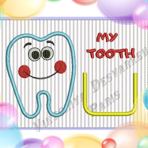 May include: A blue tooth with a smiling face and red cheeks, next to a yellow toothbrush and the text "MY TOOTH".
