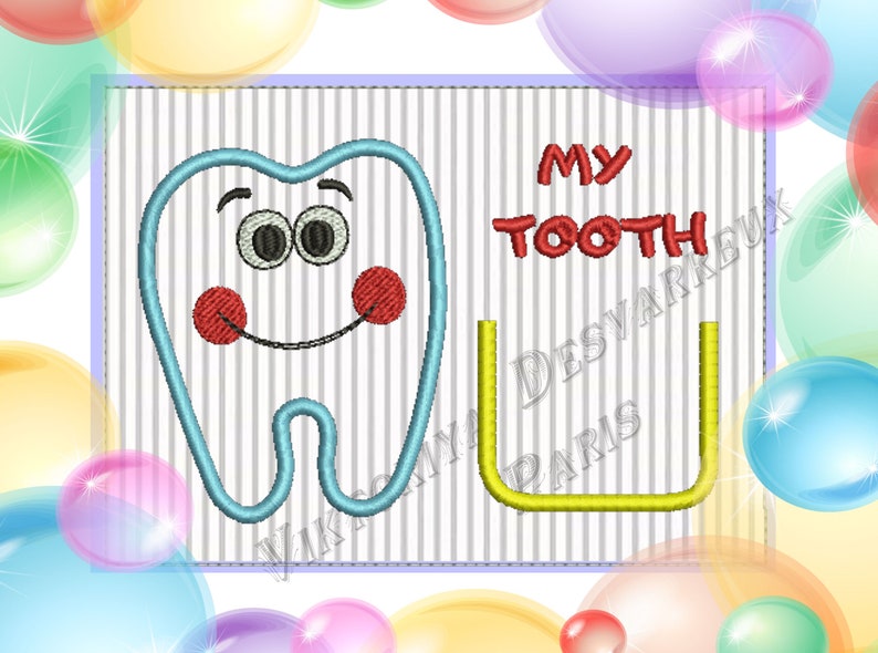 May include: A blue tooth with a smiling face and red cheeks, next to a yellow toothbrush and the text "MY TOOTH".