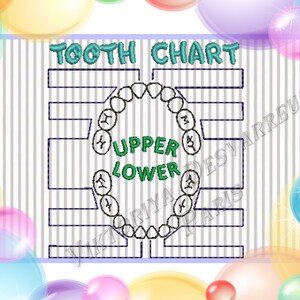 May include: A black and white tooth chart with a circle of teeth in the center. The words "TOOTH CHART", "UPPER", and "LOWER" are written in green.