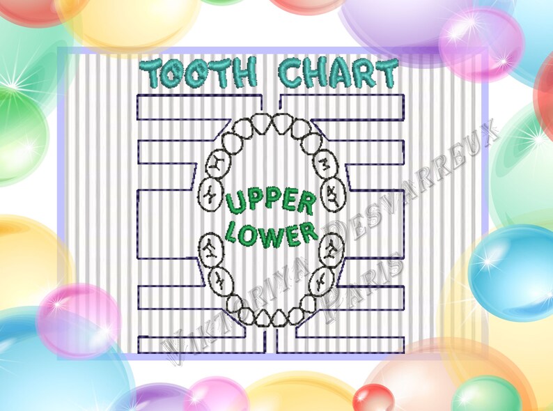 May include: A black and white tooth chart with a circle of teeth in the center. The words "TOOTH CHART", "UPPER", and "LOWER" are written in green.