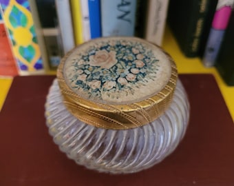 Vintage glass vanity dish with brass lid