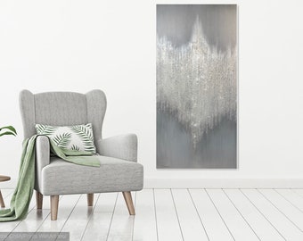 Abstract Glitter Art On Canvas - Silver Glitter Bird - 24" x 48" x 1-3/8” - Original Acrylic Painting - Abstract Glitter Canvas Art