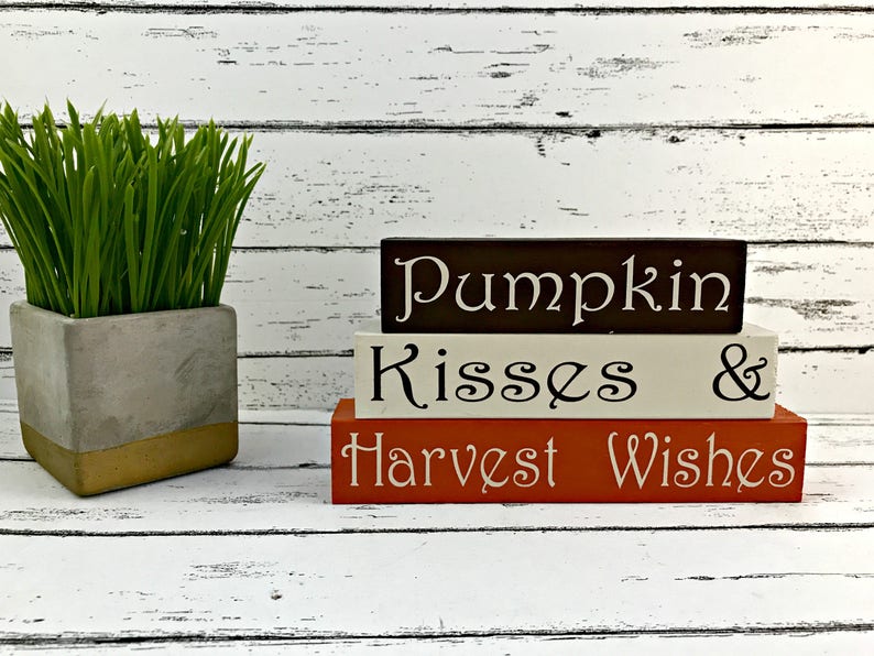 Pumpkin Kisses and Harvest Wishes Fall Wood Blocks Fall Tiered Tray Decor Pumpkin Decor image 1