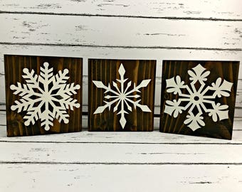 Set of 3 Snowflake Wood Blocks | Winter Decor | Christmas Decor