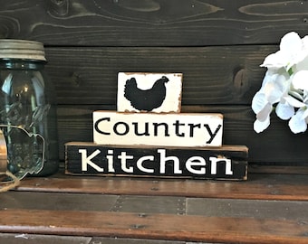 Country Kitchen Wooden Stackable Blocks | Farmhouse Kitchen Decor | Tiered Tray Decor