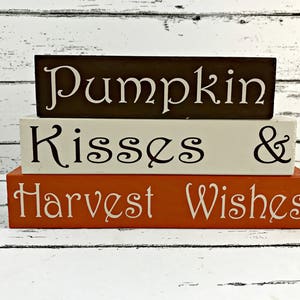 Pumpkin Kisses and Harvest Wishes Fall Wood Blocks Fall Tiered Tray Decor Pumpkin Decor image 2