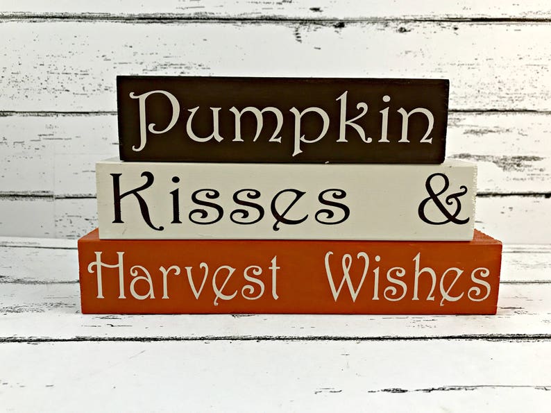 Pumpkin Kisses and Harvest Wishes Fall Wood Blocks Fall Tiered Tray Decor Pumpkin Decor image 2