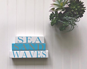 Sea Sand Waves Wood Blocks | Beach House Decor | Beach Tiered Tray Decor