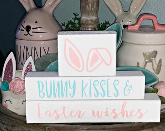 Bunny Kisses And Easter Wishes Blocks | Easter Tiered Tray Decor | Spring Decor | Bunny Ears Sign | Spring Tiered Tray Decor