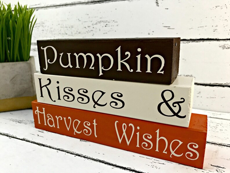 Pumpkin Kisses and Harvest Wishes Fall Wood Blocks Fall Tiered Tray Decor Pumpkin Decor image 3