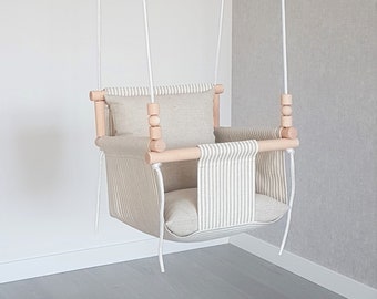 Baby Swing Comfortable Design Natural Linen/Linen Swing/Indoor Swing/First Birthday Gift/Wooden Swings/Deluxe Stripes Pillows