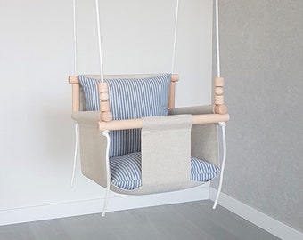 Natural Linen Baby Swing: Handmade Wooden Toddler Indoor Swing