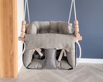 Weatherproof Baby Swing: Dark Grey Striped Fabric, Montessori Style