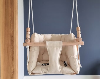 Babyschaukel, Baumwollleinenschaukel, gesteppte Innenschaukel, Schaukel mit Kissen, handgefertigte Schaukel, Gartenschaukel, Babygeschenk.