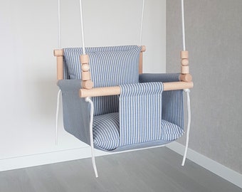 Linen Baby Swing: Handmade Indoor Toddler Swing with Wooden Beads