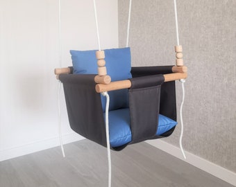 Weatherproof Baby Swing: Dark Grey with Blue Pillows, Indoor Outdoor