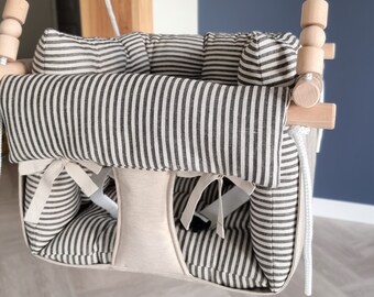 Montessori Baby Swing: Beige Linen, Black Stripe Pillow, Wooden Beads