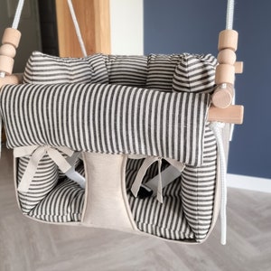 Baby Swing, Babyschaukel, Kinderschaukel, Balançoire Montessori Toddler swing, Waterproof Beige With Linen Black Stripe Pillow.