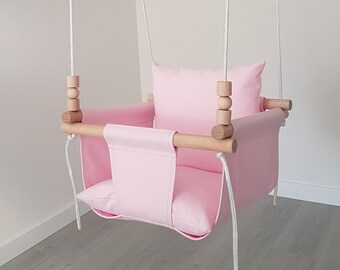 Toddler Swing: Pink Cotton Canvas, Wooden Beads, Sensory Therapy
