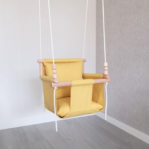Baby Swing, Cotton Light Mustard Canvas Quilted Swing, Toys, Indoor Swing, Garden Swing, Gift For Baby, Swing With Pillow, Swing For Summer. image 1