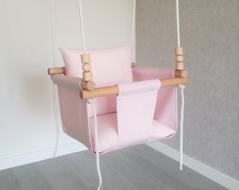 Pink Canvas Baby Swing with Wooden Beads & Pillows