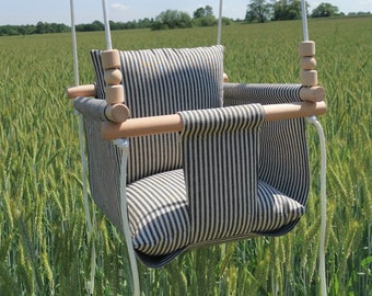 Natural Linen Baby Swing: Black White Stripe, Beech Wood