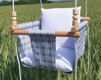 Weatherproof Baby Swing: Grey Plaid, Beech Wood, with White Pillows