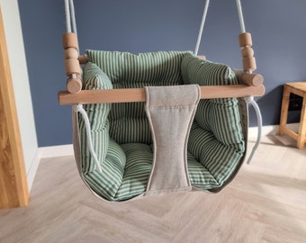 Indoor baby swing, Garden swing, Hanging chair, Toddler Hammock, One year old gift, Schaukel, Cocoon, Natural Linen With Green Stripe Pillow