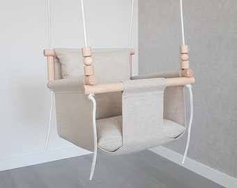 Natural Linen Baby Swing with Playing Beads - Indoor Hanging Swing
