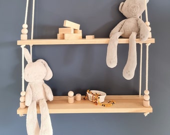 Balançoire en bois / étagère suspendue / étagère pour enfants / cadeau pour chambre d'enfant / étagère pour balançoire / étagères pour jouets / étagères pour livres / étagères en corde