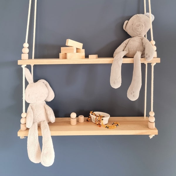 Balançoire en bois / étagère suspendue / étagère pour enfants / cadeau pour chambre d'enfant / étagère pour balançoire / étagères pour jouets / étagères pour livres / étagères en corde