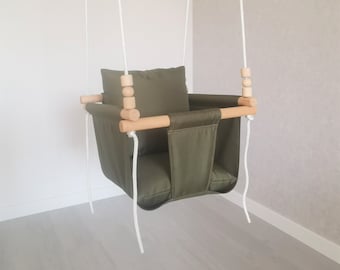 Kids Swing Hammock Olive Waterproof With Playing Chunky Beads. Toddler Swing Activities Indoor Playground With Pillows.