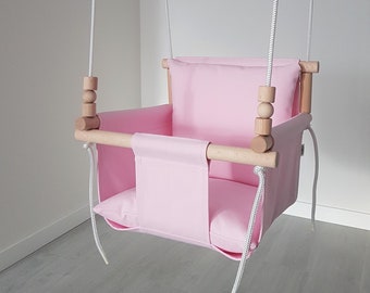 Pink Cotton Baby Swing: Natural Wood, Indoor Toddler Swing